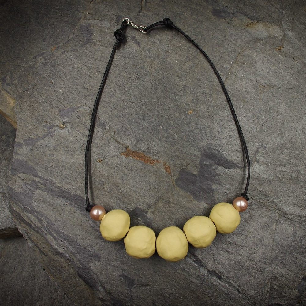 Yellow Statement Necklace with Big Round Handmade Beads - OOAK